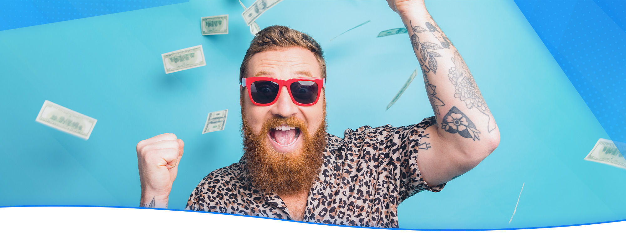 A man with a red beard and red glasses raising his hands up as a sign of satisfaction. Dollars fly around him.