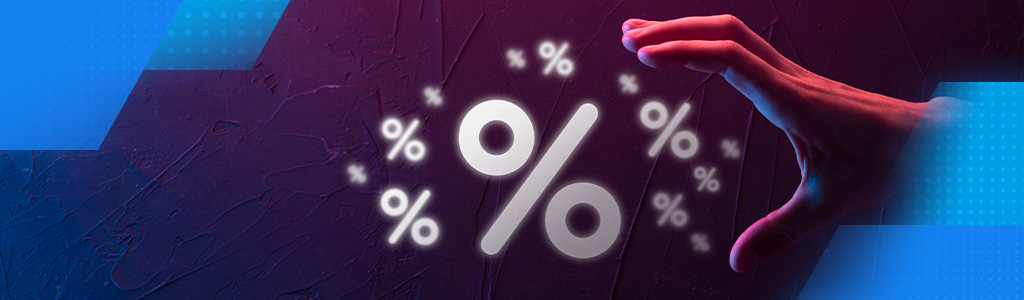 The percentage symbol is presented in several pictures (each of them is larger and larger) as a symbol of increasing inflation. Next to it is a hand that controls it.